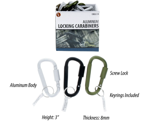 Aluminum Locking Carabiners (3"x 8mm),Green,Black & Silver Colors