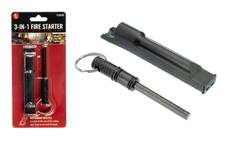3-IN-1 Flint Fire Starter, Integrated Whistle & Spilt Ring- Black Color Fire Starters/Tinder Sticks/Pocket Fire Bellow